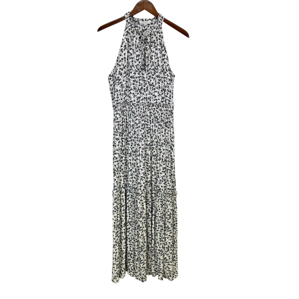 Z Supply Womens Maxi Dress L Black White Ditsy Floral Halter Smocked Tiered Boho